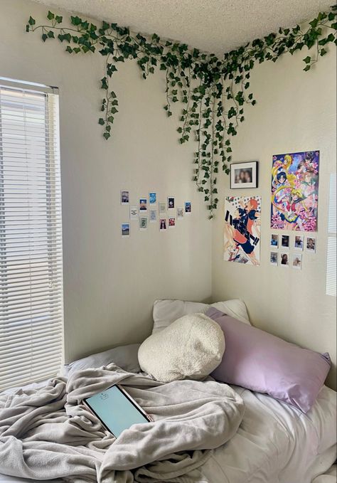 room decor
anime inspired room
minimalist room 
pastel 
room inspo
haikyuu poster 
sailor moon poster 
plant vines Bedroom Ideas With Leaves, Green Leaves In Room, How To Place Vines In Room, How To Style Fake Leaves In Room, Ivy Wall Bedroom Corner, Fake Vines In Corner Of Room, Ivy On Wall Aesthetic, Ivy In Corner Of Room, Aesthetic Minimal Room Decor