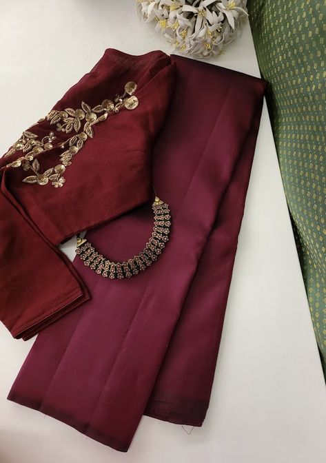 Maroon aka Arakku ( in tamil) is considered one of the most auspicious colours. So to have one in our Lavanyam range was a near no-brainer. Presenting to you - endless possibilities in the most versatile of colours. Pair it with a Lasya Maroon emboirdered blouse, as in our pictures, and let your style take center stage, or a Liya blouse and make traditional trendy, or our iced mocha jhaalar blouse and literally bring the sexy back. Bharatanatyam Costume, Black Dessert, Indian Fashion Saree, Elegant Saree, Saree Dress, Body Skin Care Routine, Unique Designers, Saree Blouse, Indian Wear