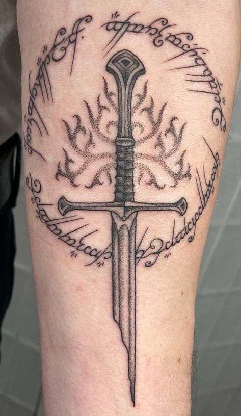 Lotr Swords Tattoo, Glamdring Tattoo Lord Of The Rings, Lord Of The Rings Anduril Tattoo, Narsil Tattoo, Lord Of The Rings Tattoo Anduril, Tree Of Gondor Tattoo, Valar Morghulis Valar Dohaeris, Rings Tattoo, Lotr Tattoo