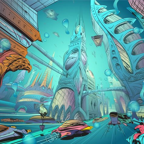 Underwater City Concept Art, City Concept Art, Ice City, Vector Painting, City Concept, Gaming Design, Underwater City, City Drawing, Skateboard Design