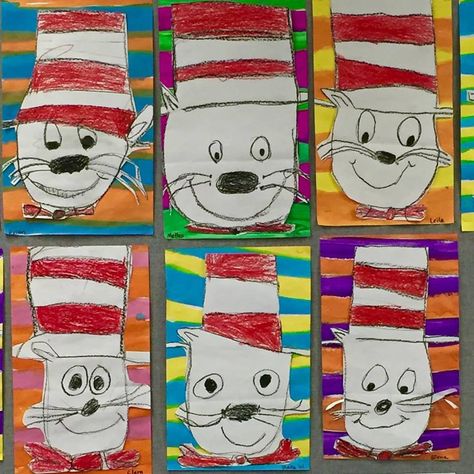 Kinder draw The Cat in the Hat for Dr. Seuss Day - Adaptations for 1st - 5th Dr Seuss Drawings, Dr Seuss Kindergarten, Dr Seuss Preschool Activities, Dr Seuss Art, Dr Seuss Preschool, Dr Seuss Classroom, Dr Seuss Activities, Dr Seuss Crafts, First Grade Art