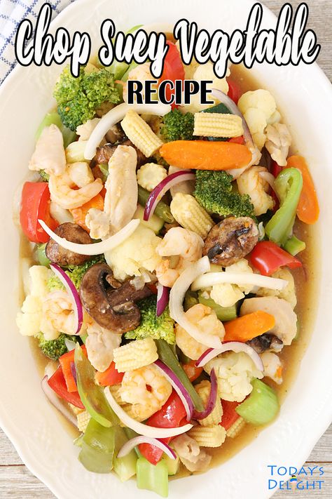 Healthy, deliciou,s easy, crisp chop suey vegetables with chicken and shrimp in a delicious sauce. For recipe and more, visit todaysdelight.com Shrimp Chop Suey Recipe, Shrimp Chop Suey, Chop Suey Recipe Chinese, Healthy Crisp, Vegetable Chop Suey, Chicken Chop Suey, Chop Suey Recipe, Bean Sprout Recipes, Chicken Chop