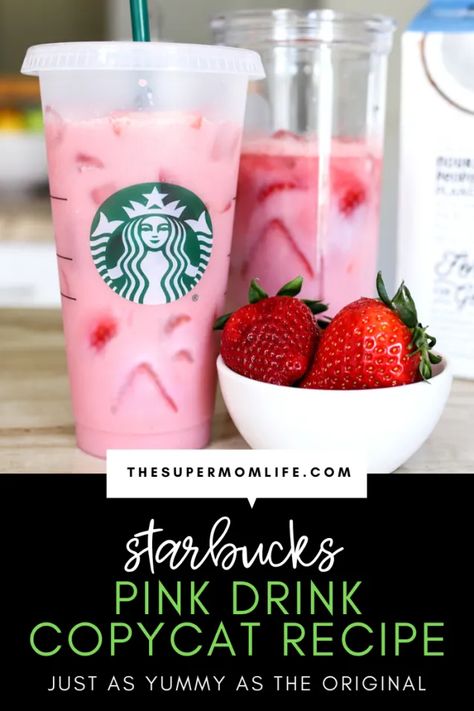 Starbucks Pink Drink Copycat Recipe - The Super Mom Life Pink Drink Copycat, Starbucks Drinks At Home, Kawa Starbucks, At Home Starbucks, Starbucks Pink Drink Recipe, Pink Drink Starbucks, Pink Drink Recipes, Strawberry Acai Refresher, Starbucks Strawberry