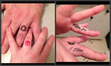 Geek Couple Tattoos, Star Wars Couples Tattoos, Star Wars Finger Tattoo, Matching Star Wars Tattoo, Star Wars Matching Tattoos, Star Wars Couple Tattoo, Marriage Tattoos, Pain Chart, Star Wars Ring