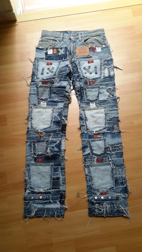 Denim Jeans Custom, Custom Distressed Jeans, Destressed Clothing, Jean Custom Ideas, Custom Pants Jeans, Denim Patches Jeans, Jean Patches Ideas, Custom Jeans Ideas, Costume Jeans