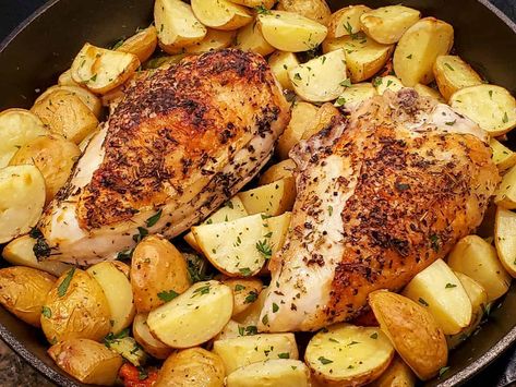 Cast Iron Chicken And Potatoes, Baked Chicken Breast And Potatoes, Bone In Chicken Breast Recipes Oven, Roasted Chicken Breast And Potatoes, Baked Split Chicken Breast Recipes, Cast Iron Roast, Chicken Breast And Potatoes, Roasted Chicken Breast Recipes, Baked Split Chicken Breast