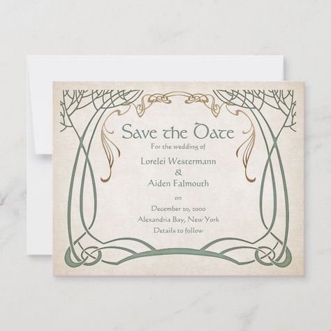 These invitations are here on party business. The coordinating pieces of this fantasy wedding invitation suite feature graceful trees in celtic or elvish style with faux foil details and celtic text on parchment. Perfect for your high fantasy wedding or rpg gamer birthday. *** Need to rearrange text or change text styles? Want to add wedding details to the back of the invite? All text and most text decorations are movable and removable. Just click "Personalize", then click "Edit Using Design Too High Fantasy Wedding, Celtic Wedding Invitations, Elvish Style, Middle Earth Wedding, Hobbit Wedding, Elvish Wedding, Lotr Wedding, Trees Wedding, Tree Wedding Invitations