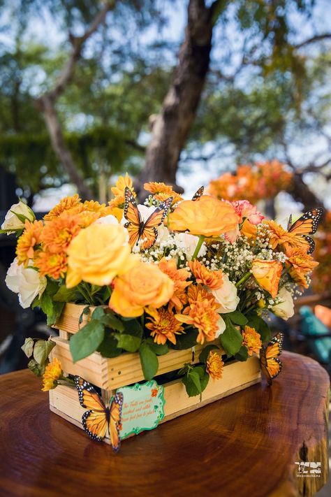 Butterfly Garden Party Centerpieces, Monarch Party Theme, Orange Theme Table Decor, Orange Theme Centerpieces, Monarch Butterfly Birthday Party Decorations, Monarch Butterfly Centerpiece, Orange Flower Centerpieces Wedding, Sunflower And Butterfly Party Theme, Floral Arrangements With Butterflies