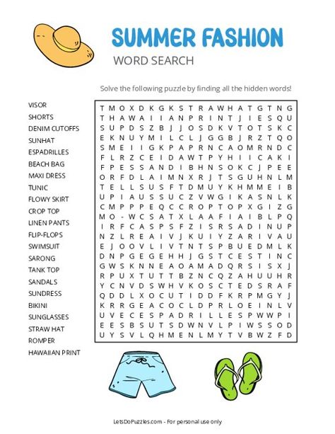 Free Printable Summer Fashion Word Search Spring Word Search, Beach Words, Free Printable Word Searches, Puzzle Pictures, Trip Games, Nursing Home Activities, Fun Worksheets For Kids, Summer Words, Saving Challenges