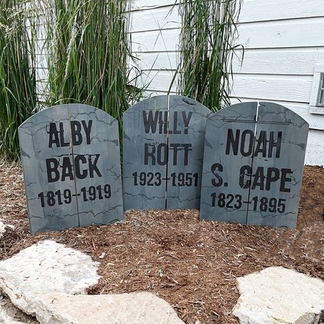 Halloween Tombstones Set of 3 or Set of 6 Halloween Decor Made From Blue Pine Outdoor Decor Halloween Alby, Willy, Noah - Etsy Funny Gravestones Halloween, Funny Tombstone Sayings, Halloween Tombstone Sayings, Outdoor Decor Halloween, Halloween Gravestones, Tombstone Designs, Gray Stain, Car Jokes, Blue Pine