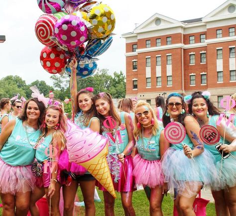 Home Sweet Home Sorority Bid Day, Candy Themed Outfit Sorority, Welcome To The Sweet Life Bid Day, Phi Mu Sorority, Candy Theme Sorority, Candy Sorority Theme, Candyland Theme Outfit, Phi Mu Bid Day Themes, Candyland Sorority Theme