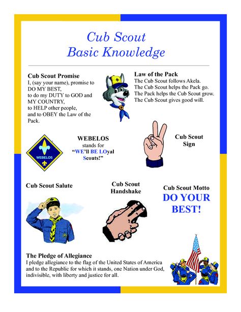 Cub Scout Basic Knowledge - Bobcat requirements Cub Scout Motto, Scout Salute, Boy Scout Law, Boy Scout Activities, Cub Scouts Wolf, Cub Scouts Bear, Scout Law, Tiger Scouts, Cub Scouts Tiger