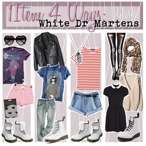 "1 Item 4 Ways: White Doc Martens" by pale-girls-tips on Polyvore White Dr Martens Outfit Summer, How To Style White Doc Martens, White Dr Martens Outfit, Dr Martens Outfit Summer, White Doc Martens Outfit, Pale Girls, White Dr Martens, White Doc Martens, Martens Outfit