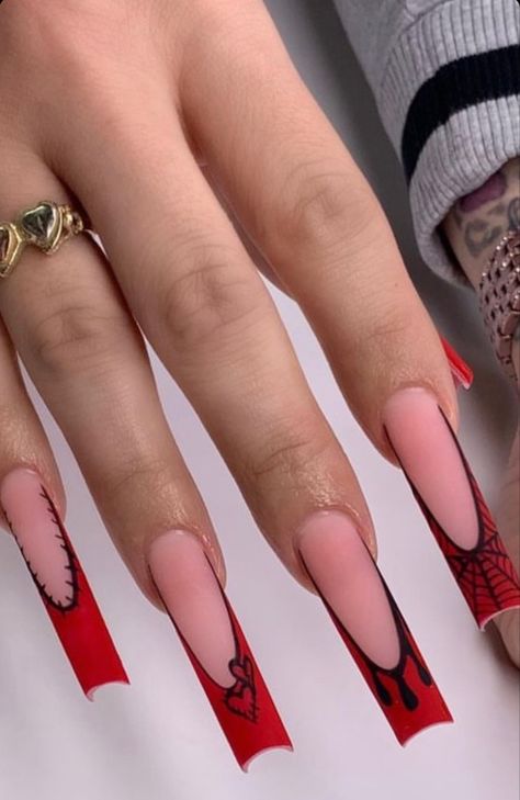 Long Acrylic Nails Spiderman, Long Spiderman Nails, Long Spider Man Nails, Nails Acrylic Coffin Spiderman, French Tip Nails Red And Black, Spiderman Nails Acrylic Simple, Spiderman Nails Acrylic Long, Nails Red Ideas Art Designs, Red French Tip Nails Halloween