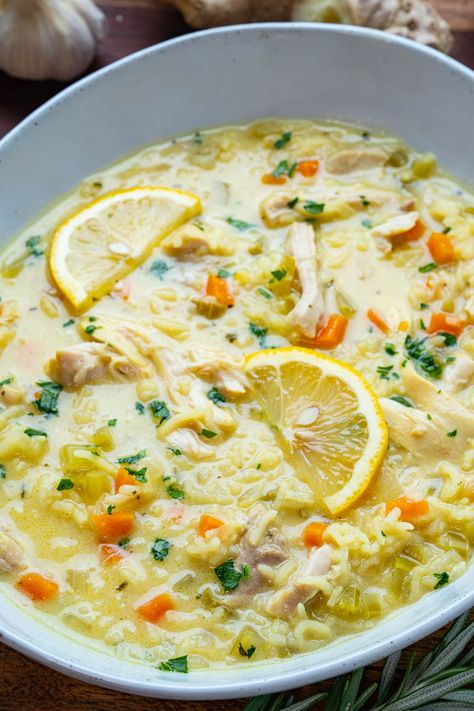 Lemon Ginger Turmeric Chicken and Rice Soup Yellow Rice Soup, Golden Glow Soup, Jasmine Rice Soup, Lemon Ginger Chicken Soup, Lemon Ginger Chicken, Lemon Ginger Turmeric, Turmeric Chicken, Ginger Soup, Chicken Rice Soup