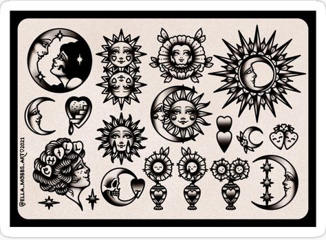 Sun And Moon American Traditional Tattoo, Old School Sun Tattoo, Old School Moon Tattoo, American Traditional Moon Tattoo, Classic Tattoo For Women, Traditional Sun And Moon Tattoo, American Traditional Moon, American Traditional Sun Tattoo, Moon Traditional Tattoo