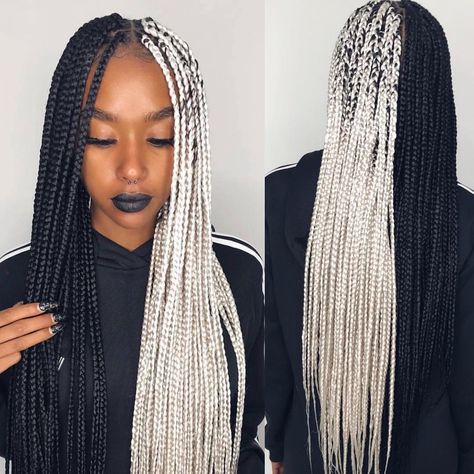 Half Black Half White Box Braids, Half Black Half White Braids, Half And Half Braids Black Hair, Half Colored Box Braids, Hairstyles Black And White, Black And White Braids, Harry Styles Short Hair, Brazilian Wool Hairstyles, Half And Half Hair