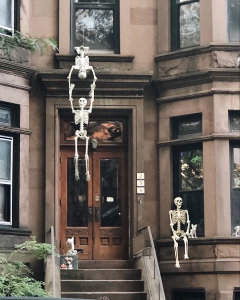 Skelton House Decor, Halloween Decorations Skeletons On House, Outdoor Light Up Halloween Decorations, Halloween Decorations Outdoor Balcony, Townhouse Halloween Decorations, Nyc Halloween Decorations, Skeleton House Halloween, Halloween Stoop Decor, Skeleton House Decor