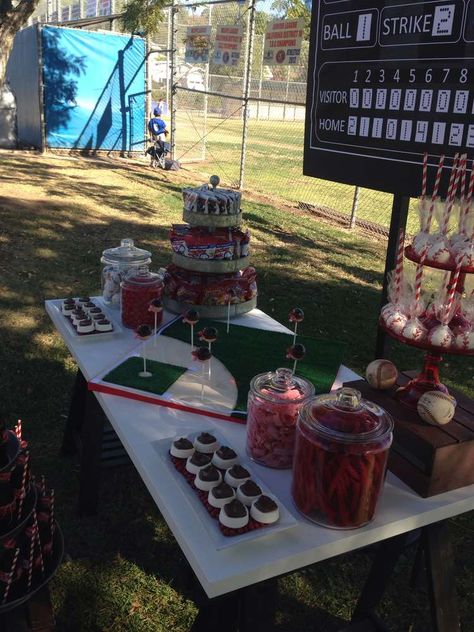 Los Angeles Little League Closing Ceremony   | CatchMyParty.com Baseball Signing Day Table, Baseball Candy Table Ideas, Dodgers Party, Baseball Theme Birthday Party, Baseball Snacks, Baseball Theme Birthday, Baseball Baby Shower Theme, Baseball First Birthday, Indians Baseball