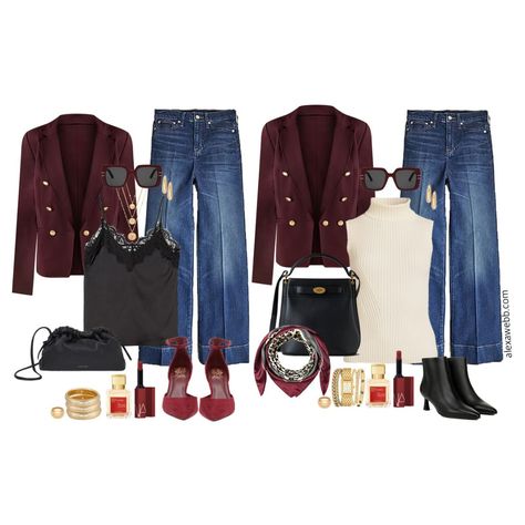 Two plus size burgundy blazer outfits: one for a night out and the other for casual day outings or even casual Friday at the office. Burgundy Blazer Outfit, Plus Size Spring Dresses, Alexa Webb, Business Casual Dress Code, Outfit Blazer, Sleeveless Turtleneck Sweaters, Burgundy Blazer, Black Leggings Outfit, Loungewear Fashion