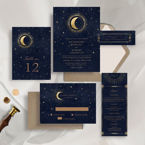 Celestial Midnight Blue Gold Wedding Website Card Wedding Website Card, Unique Party Ideas, Blue Gold Wedding, Moon Gold, Moon Wedding, Stars Moon, Foil Invitations, Blue Stars, Gold Moon