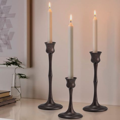 PRICES MAY VARY. 【UNIQUE DESIGN】This taper candle holder set is made of high-quality metal with exquisite craftsmanship, featuring smooth lines, a classic shape and a characteristic textured finish. These eye-catching candle sticks are perfect if you want to add a unique and elegant glamour to your home. 【NO INSTALLATION REQUIRED】This candlestick holder set of 3 comes pre-installed, saving you time and making it easy to use. The vintage candle holder set includes three taper candle holders in sl Fireplace Candle, Stick Candle Holder, Fireplace Candle Holder, Candlestick Centerpiece, Table Candle, Black Candle Holders, Fireplace Mantle Decor, Candles In Fireplace, Glass Candlestick Holders