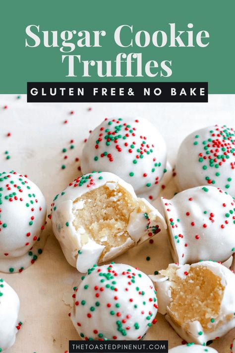 Want an easy holiday dessert without turning on your oven? You'll obsess over these low carb and gluten free no bake sugar cookie truffles! thetoastedpinenut.com #theotastedpinenut #sugarcookies #sugarcookietruffles #christmastruffles Gluten Free Christmas Appetizers, Sugar Cookie Truffles, Gluten Free Truffles, Gluten Free No Bake, Easy Holiday Dessert, No Bake Truffles, Cookie Truffles, No Bake Sugar Cookies, Christmas Truffles