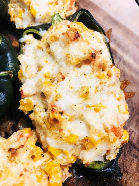 Cheesy Crab and Corn Stuffed Poblanos - Cooks Well With Others Crab Stuffed Poblano Peppers, Crab Stuffed Peppers, Poblano Recipes, Crab And Corn, Food Truck Party, Stuffed Poblanos, Poblano Peppers Recipes, Hispanic Dishes, Cheesy Corn