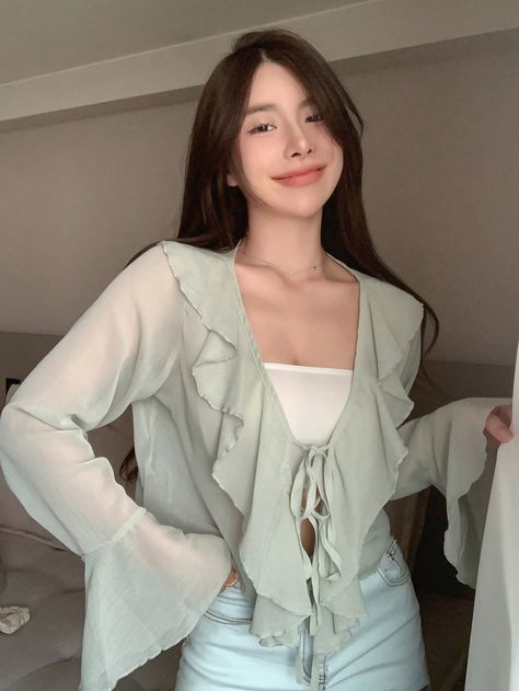 DAZY Solid Ruffle Trim Tie Front Blouse Tie Front Blouse Outfit, Modesty Outfits, Extra Long Sleeves, Tie Front Blouse, Plain Tops, Chiffon Ruffle, Chiffon Long Sleeve, Women Blouses, Blouse Outfit