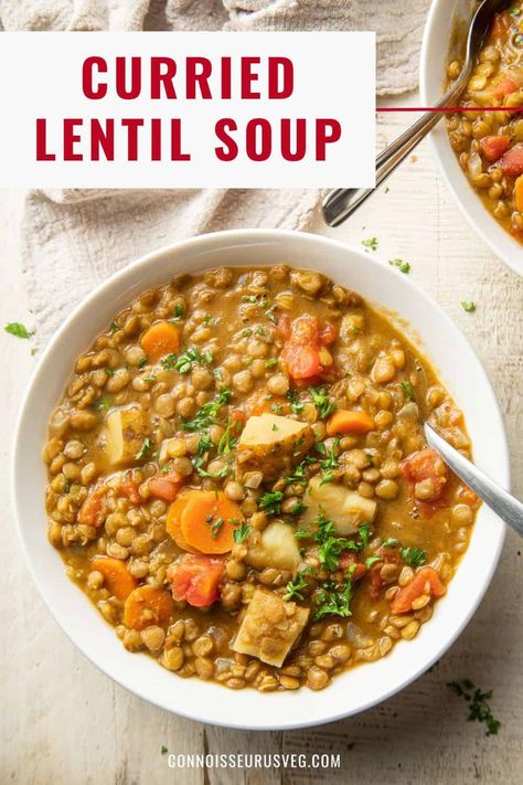 This curried lentil soup is healthy, hearty, and delicious! Easy to make and packed with flavor, it's perfect when you're craving a big bowl of comfort for dinner. Vegan Curries, Best Lentil Soup Recipe, Curried Lentil Soup, Healthy Vegan Dinner Recipes, Vegan Dinner Recipes Easy, Wfpb Recipes, Lentil Soup Recipes, Easy Vegan Dinner, Curry Soup