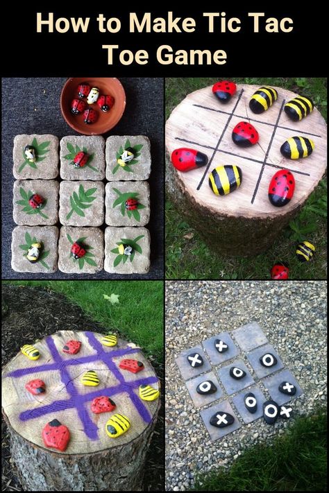 Now here's a nice little addition for making your outdoor area more entertaining! Make a fun outdoor Tic-Tac-Toe game using natural elements - stones and wood (and a little paint). The 'board' could be a piece of scrap timber or plywood, some excess tile, paving slabs, or even a tree stump if you have one in your yard. This project is also perfect for making use of your left over paint. Diy Tic Tac Toe Game, Tic Tac Toe Diy, Diy Tic Tac Toe, Brick Crafts, Tic Tac Toe Board, Wood Trunk, Tic Tac Toe Game, Garden Crafts Diy, Paving Slabs