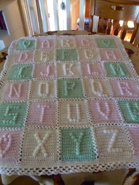 Crochet Alphabet Blanket, Alphabet Blanket, Bobble Stitch Crochet Blanket, Crochet Alphabet, Bobble Stitch Crochet, Cross Stitch Numbers, Crochet Letters, Bobble Crochet, Crochet Filet