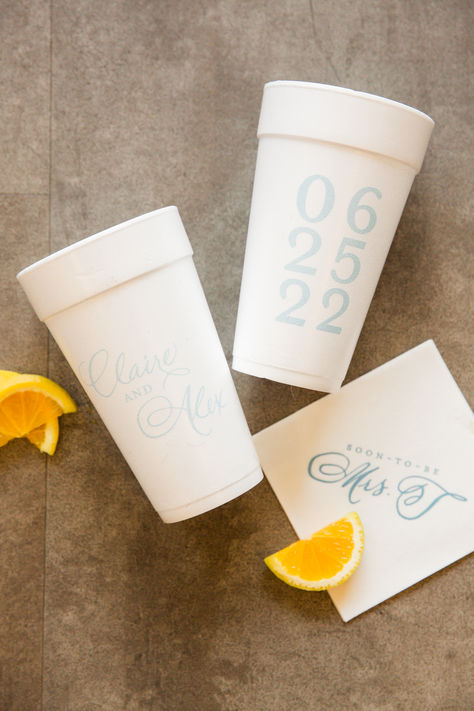 Looking for custom wedding cups for your special day? Add a personal element and on-theme feel with these wedding supplies. Custom wedding cup ideas | Custom cocktail stirrers | Personalized wedding cups | Personalized wedding cup ideas | Custom wedding cup designs | Photo by Mary Rosenbaum Bachelorette Styrofoam Cups, Engagement Cups, Bach Idea, Wedding Merch, Wedding Personal Touches, Wedding Personalization, Custom Wedding Cups, Personalized Wedding Koozies, Wedding Cups Personalized