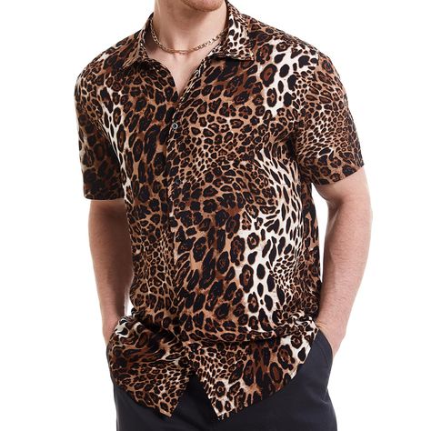 PRICES MAY VARY. This Hawaiian shirts for men made of cotton which fabric, soft and comfortable Button closure, slim fit, spread collar, perfect tailored silhouette Leopard prints are spread over cotton shirts, breathable comfort and totally catch the trendy style Machine wash cold, tumble dry low, bleaching is not allowed, warm iron Opt for a trendy adventurer look with this beautiful leopard printed shirt. This elegant shirt with spread collar, simple buttons and slim fit would work perfectly Disco Shirts, Seductive Style, Holloween Costume, Leopard Prints, Tropical Prints, Disco Shirt, Leopard Shirt, Leopard Print Shirt, Shirts Short Sleeve