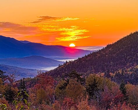 "Fine Art Photo of the Sunrise in the White Mountains, New Hampshire taken from the scenic 'Kancamagus Highway' during one of the fine Fall mornings. Deep orange color in the sky, glowing disk of the rising sun, subtle fall foliage color in the trees, and the lifting fog created this spectacular scene! 100% Satisfaction Guarantee or Money Back! 1. Photo Print: Printed on Premium quality Glossy Photo paper, which produces lifelike colors and realistic saturation with the finish of a traditional photo print.  Let me know if you would like Matte finish instead. 2. Canvas Print: 1.5\" Thick Gallery Wrap Stretched canvas with a premium coating to bring out vibrant colors and to protect the print from environmental factors so that you can enjoy it for many many years! 3. Framed Print: Please see Fall Sunrise, Kancamagus Highway, Mountains Sunrise, White Mountains New Hampshire, Orange Sunrise, Steampunk City, Canvas Photo Wall, Traditional Photo, New England Fall