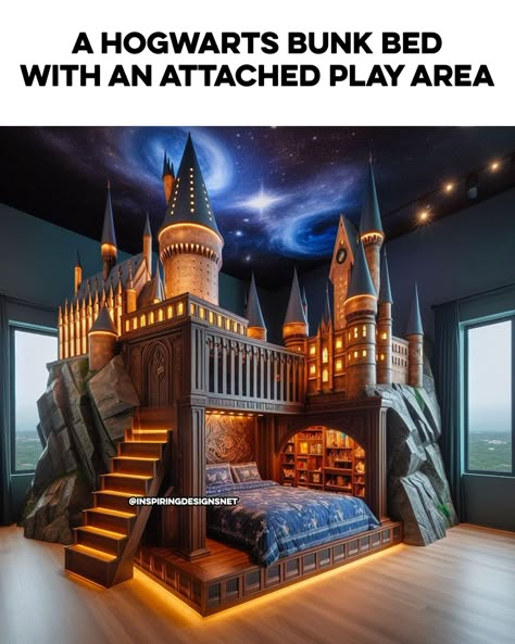 Kids Wall Decor Ideas, Harry Potter Themed House, Harry Potter Bed, Hogwarts Bedroom, Harry Potter Bedroom Ideas, Hogwarts Room, Harry Potter Bedroom Decor, Harry Potter Castle, Amazing Bedrooms