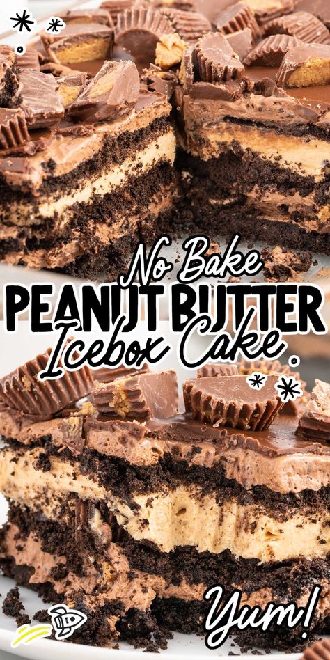 Peanut Butter Dirt Cake, No Bake Peanut Butter Eclair Cake, Resses Dessert Recipes, Easter Desserts Peanut Butter, Freezer Cake Recipes, Peanut Butter Eclair Cake, Reeses Dessert, Peanut Butter Icebox Cake, Peanut Butter Birthday Cake