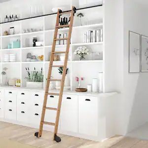 9 ft. Red Oak Library Ladder (10 ft. Reach) Black Contemporary Rolling Hardware 12 ft. Rail and Horizontal Brackets Library Closet, Satin Brass Hardware, Rolling Ladder, Library Ladder, Library Room, Wood Ladder, Aluminum Railing, Storage Design, Compact Storage