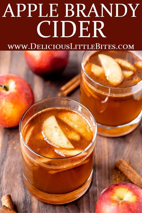 This recipe for Apple Brandy Cider cocktails is easy to prepare and perfect for warming you up on chilly evenings. This beverage tastes sweet, spicy, and warm thanks to cinnamon, brown sugar, butter, and brandy. The additional aromatic cooked apples and cider highlight the delicious seasonal flavor of fresh apples. | #applebrandy #applebrandycider #spikedcider #applebrandycocktail #cocktails Brandy Drinks Alcohol, Apple Brandy Drinks, Apple Brandy Recipe, Apple Cider Brandy Cocktail, Apple Brandy Sangria, Apple Brandy Cocktail, Apple Cider Bourbon Drink, E&j Apple Brandy Cocktail Recipes, Apple Cider Whiskey