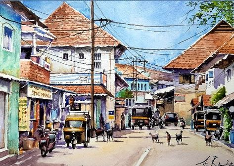 Street View Sketch, Street View Drawing, Kerala Street, Drawing Studio, Illustrator Painting, Watercolor Scenery, Composition Painting, Bengali Art, Contemporary Folk Art