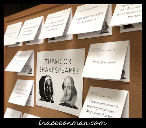 Literature Bulletin Boards Middle School, Tupac Or Shakespeare, English Literature Display Boards, High School Theatre Classroom Decor, Shakespeare Project Ideas High Schools, Barnes And Noble Book Display, Poetry Display Classroom, High School Drama Classroom Decor, History Bulletin Board Ideas High School