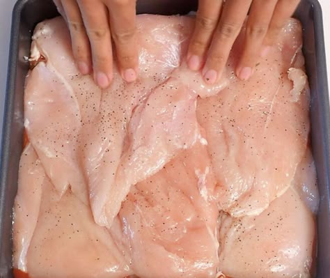 Place raw chicken in baking dish. In 3 easy steps, you have a scrumptious, savory meal Chicken Breast Casserole Recipes, Chicken Breast Casserole, Casserole Kitchen, Cooktop Cove, Parmesan Casserole, Cooked Chicken Recipes, Chicken Receipes, Chicken Parmesan Casserole, Chicken Breast Recipes Baked