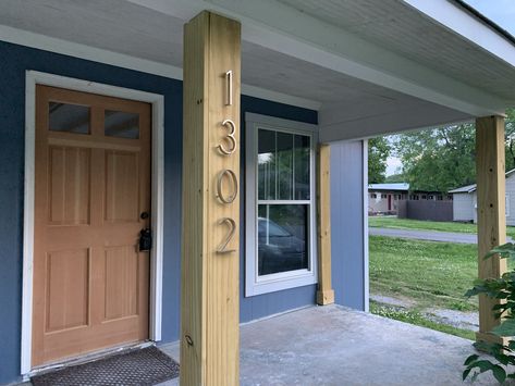 Vertical house numbers on porch column House Number On Column, Upgrade Porch Columns, Thick Porch Columns, Vertical Address Numbers On House, White Square Porch Columns, Vertical House, Porch Columns, Address Numbers, House Projects