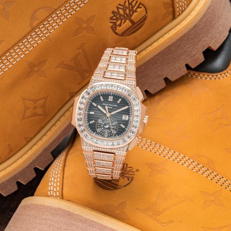 BaconEggandCheese on a Baguette.  Patek Philippe Nautilus Chronograph Rose Gold Baguette Bezel Pave and Baguette Diamond Bracelet⁠  REF: #5980/1400R-011 Iced Out Patek Phillipe, Patek Philippe Iced Out, Patek Philippe Gold, Patek Philippe Factory Diamond, Patek Philippe 5270, Patek Philippe Aquanaut Rose Gold, Diamond Watch, Patek Philippe Nautilus, Baguette Diamond