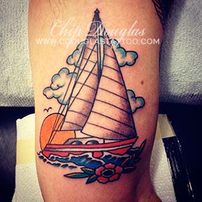 traditional sailboat tattoo - Google Search Traditional Ship Tattoo, Pearl Tattoo, Sailboat Tattoo, Tato Tradisional, Wedding Band Tattoo, Tattoo Band, Korean Tattoo Artist, Serpent Tattoo, Sailor Jerry Tattoos