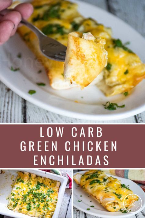 A delicious low carb recipe for Green Chicken Enchiladas made with shredded chicken, cheese, green enchilada sauce and low carb tortillas. Get this casserole recipe and more at Grumpy's Honeybunch website. Chicken Enchiladas Green Sauce, Green Chicken Enchilada Casserole, Creamy Green Sauce, Green Enchiladas, Low Carb Enchiladas, Green Chicken Enchiladas, Green Chili Chicken, Green Chicken, Pulled Pork Tacos