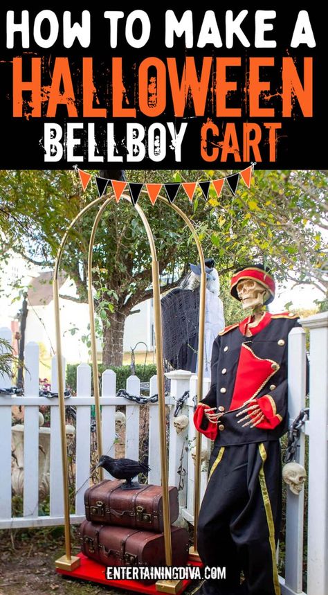 Read about How To Make A DIY Halloween Bellboy Cart and take your DIY Halloween decorations to the next level. In this blog you will learn how to make a fun Halloween yard prop that goes great with a Halloween haunted hotel yard haunt or Halloween graveyard. Get more Halloween vibes, Halloween yard decorations and DIY Halloween outdoor decorations at entertainingdiva.com. Halloween Yard Props, Inexpensive Halloween Costumes, Hotel Theme, Halloween Yard Displays, Halloween Diy Outdoor, Halloween Decor Ideas, Yard Haunt, Halloween Graveyard, Diy Halloween Decor