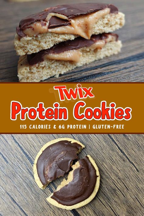 Crunchy shortbread cookies, homemade protein caramel, and chocolate combine to turn the infamous Twix candy bars into high-protein cookies! Protein Caramel, Healthy Cookie Recipe, Twix Candy, High Protein Cookies, Low Calorie Protein, Cookies Homemade, Protein Baking, Healthy Cookie, High Protein Desserts