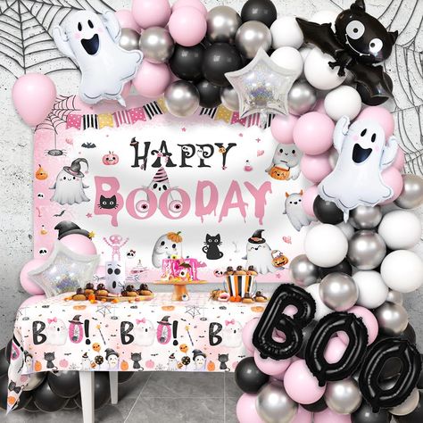 PRICES MAY VARY. Package Details: 113pcs pink black halloween birthday party decorations balloons, 1pcs happy booday banner and 1pcs halloween boo tablecloth Premium Material：High Quality Materials-Our balloons are made of high quality latex materials, durable. You will get a beautiful red white and blue balloon garland that will leave you with unforgettable memories Easy To Assemble：We provided 3 tools to help you make the pink black balloon arch easily and quickly, Just inflate the balloons, a Boo Day Party, Happy Booday, Boo Birthday Party, Fall Balloons, Happy Boo Day, Halloween Birthday Decorations, Happy Birthday Halloween, Halloween Birthday Party Decorations, Ghost Birthday