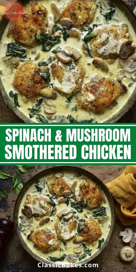 Easy Spinach and Mushroom Smothered Chicken Recipe. We start by marinating the chicken in a special green seasoning combination. Then, for a fragrant, earthy, and herb-rich taste, we add fresh baby spinach, mushrooms, garlic, and thyme. Finally, a smooth, nutty, and salty cream sauce created with Parmesan cheese combines these tastes. Smothered Chicken With Creamed Spinach Mushroom Sauce, Spinach And Mushroom Smothered Chicken, Mushroom Smothered Chicken, Smothered Chicken With Creamed Spinach, Smothered Chicken Recipe, Smothered Chicken Recipes, Green Seasoning, Grandma Recipes, Spinach And Mushroom